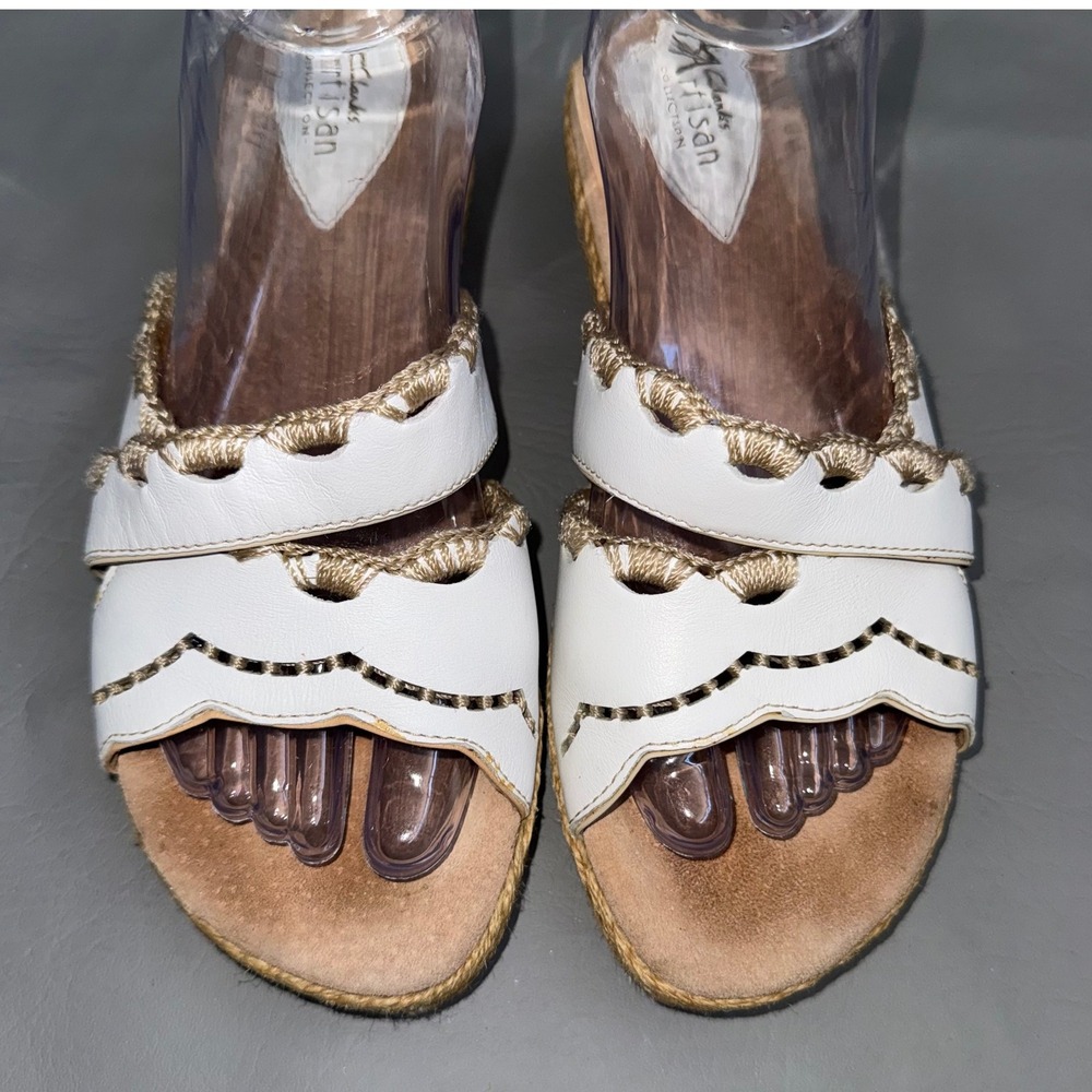 Clarks Artisan White Leather Scalloped Espadrille Wedge Sandals Low Heel 8M